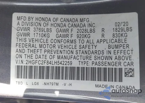 2020 Honda Civic Sport из США, поврежденный, VIN 2HGFC2F84LH542259